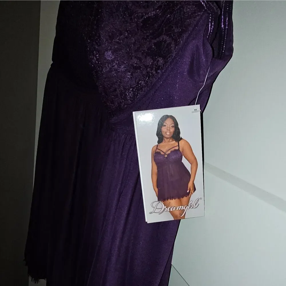Dreamgirl Purple Lace Mesh Babydoll One Piece Adjustable Straps 2X 12378X